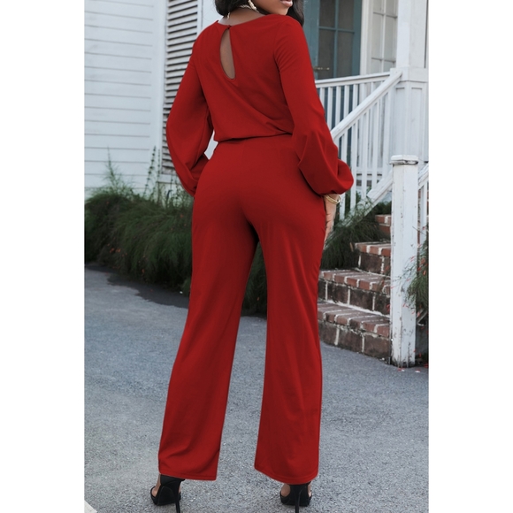 (Out of stock) Red Boat Neck Tie Belt Jumpsuit - Picture 5 of 6
